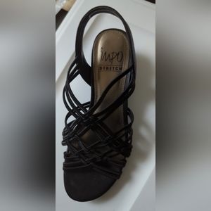 Black strappy low heel wedge sandals